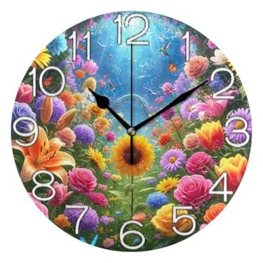 Imagem de GAIGEO Relógio de parede analógico decorativo estético silencioso sem tique-taque quarto relógio de cozinha, arte de parede boho decoração de casa flores coloridas vibrantes, 25 cm, ponteiros pretos