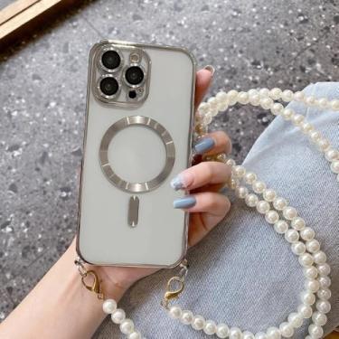 Imagem de Capa de carregamento sem fio magnética Pearl Crossbody com cordão para iPhone 15, 16, 16E, 14, 13, 12, 11 Pro Max Plus, prateada, para iPhone 11 Pro