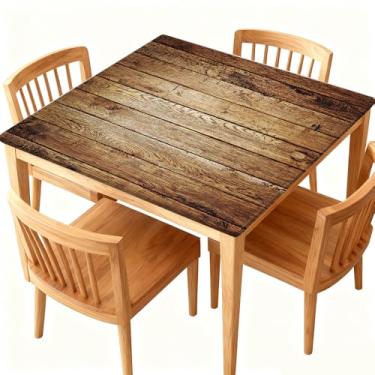 Imagem de Phyxara Toalha de mesa quadrada com borda elástica, textura de madeira, à prova de vincos, à prova d'água, para decoração de casa de fazenda, cozinha interna, externa, adequada para mesa quadrada de