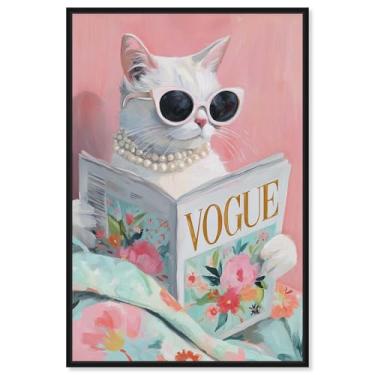 Imagem de Spring Magazine Feline Canvas Print Pet Wall Decor por Art Remedy, moldura preta, 40,6 x 61 cm