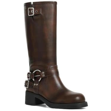 Imagem de AMINUGAL Botas de cano longo até o joelho para mulheres, bico quadrado, com fivela grossa, rebite, vintage, Y2K, motociclista, casual, festival, renascentista, combate, rave, W - marrom avermelhado, 9