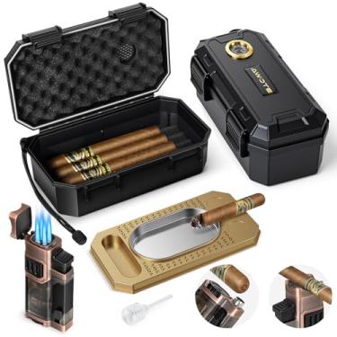 Imagem de AWOTE Conjunto De Umidificador De Charutos De Viagem Com Isqueiro, Cinzeiro, Suporte, Umidificador E Higrômetro, Estojo Portátil Para Charutos De Viagem Com Acessórios Para Charutos Para Presente M