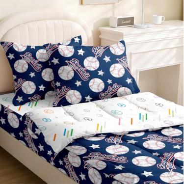 Imagem de Yadangxiawa Jogo de edredom infantil, solteiro com zíper, estampa de beisebol, com bolas, lençol com elástico e fronhas para todas as estações (beisebol)