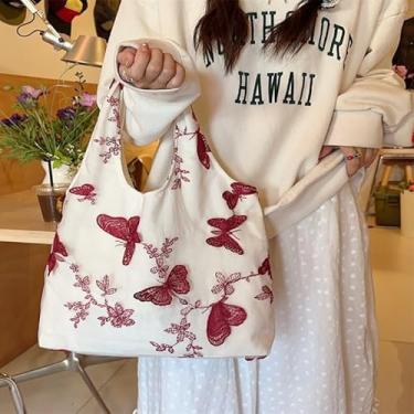 Imagem de Sacola borboleta bordada, bolsa de ombro de lona com detalhe de renda, bolsa feminina espaçosa, Vermelho, Bolsas de mão