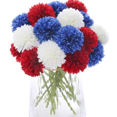 Imagem de Kimura's Cabin 21 peças de flores falsas para mães, 4 de julho, dia em memória de crisântemo artificial, bola falsa, flor, decoração de casa, centros de mesa, decoração patriótica, flores (vermelho
