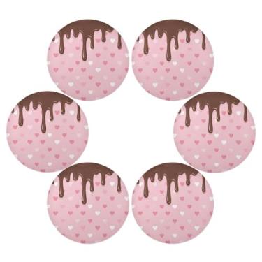 Imagem de Wassud Jogo americano conjunto de 6 tapetes redondos com corações de chocolate pingando para cozinha e jantar, tapetes laváveis e resistentes ao calor, decoração de mesa 39 cm
