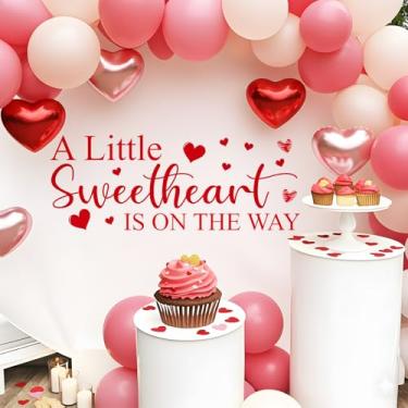 Imagem de TAKEALOOKO Decalque de festa de revelação de gênero A Little Sweetheart is On The Way - 3 peças de adesivos de parede vermelhos românticos para chá de bebê DIY para cenário de arco de balão e adereços