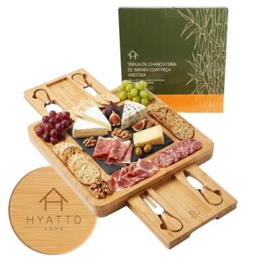 Imagem de Tábua de Frios e Queijos de Bambu Com Peça de Ardósia, Contém Conjunto de Facas de Queijo. Petisqueira e Tábua de Charcutaria Premium. Ideal Para Presentes | HYATTO HOME