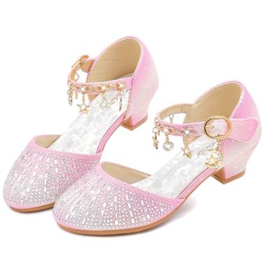 Imagem de Furdeour Sapatos sociais para meninas, princesa, cristal, salto alto, bico fechado, festa, casamento, flores, meninas, crianças, crianças pequenas e grandes, Strass, rosa, 9 Toddler