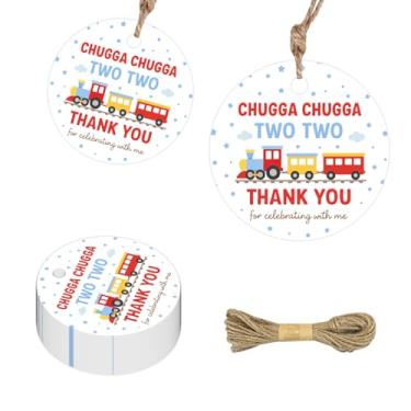 Imagem de 50 peças de etiquetas de agradecimento de trem, Chugga Chugga, duas etiquetas para lembrancinhas de festa de trem de trem, suprimentos de decoração de festa de aniversário de 2 anos