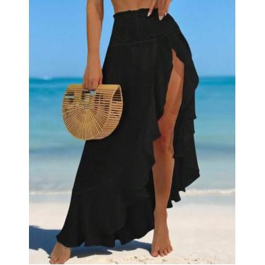 Imagem de Saída de Praia Saia Longa Feminina com Fenda Babado Tendência Verão - 