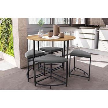 Imagem de Mesa Jantar LI038 c/ Tampo Madeirado 90cm + 4Banquetas Canela/Preto Ka