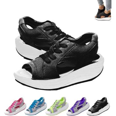 Imagem de Sandálias De Muffin Com Cadarço E Recortes Em Painéis Contrastantes, Sandálias De Muffin Com Cadarço Para Mulheres, Sandálias Ortopédicas De Malha Antiderrapante De, Black, 35EU