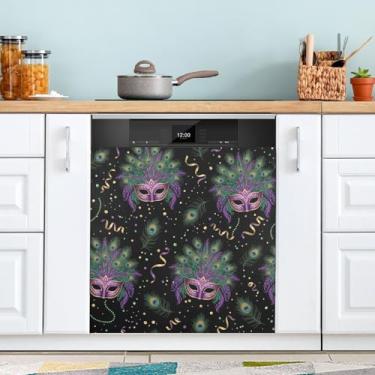 Imagem de ATTX Capa magnética para lava-louças de penas de pavão Mardi Gras | Adesivo decorativo de eletrodomésticos de 58,4 cm x 66 cm para armários domésticos e eletrodomésticos (264)