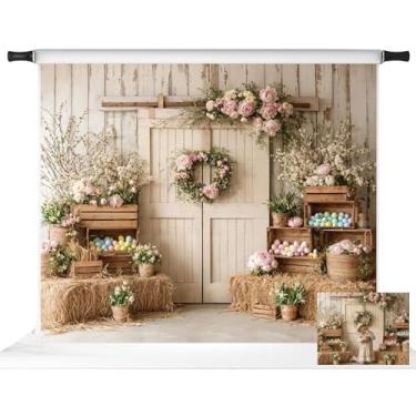 Imagem de Kate Pano de fundo de Páscoa para sessão de fotos flores de primavera porta de celeiro de madeira ovos coloridos adereços de faixa de festa, 3 x 2,4 m