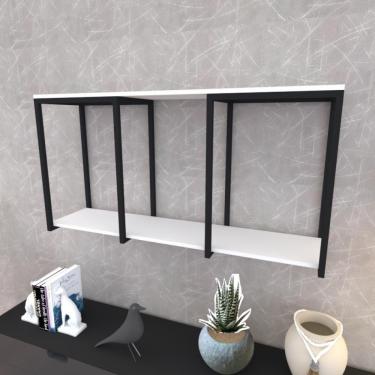 Imagem de Prateleira Industrial Suspensa Estante Parede Nicho Branca Ferro E Madeira Suporte Pratileira