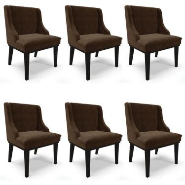 Imagem de Kit 6 Cadeiras Estofadas Para Sala De Jantar Base Fixa De Madeira Preto Lia Suede Marrom - Ibiza