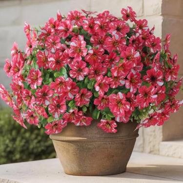 Imagem de GLIDLION 24 pacotes de glória artificial da manhã e eucalipto para ambientes externos, flor de seda falsa realista resistente a UV para decoração de casa de fazenda (rosa vermelha)