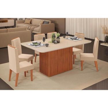 Imagem de Conjunto: Mesa de Cozinha Canes c/ Tampo Madeirado c/ Vidro Curvo 170x90cm e 6 Cadeiras Lia Freijo/Off White - Suede Kraft - DJ Móveis