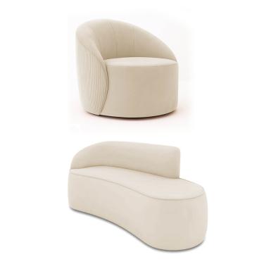 Imagem de Sofá 3 Lug Orgânico180cm Morgan e Poltrona Giratória Lua Cotelê/Veludo Bege D03 - D'Rossi