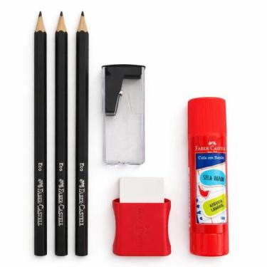 Imagem de Kit Faber-Castell 3 Lápis + Borracha + Apontador + Cola Bastão - Faber
