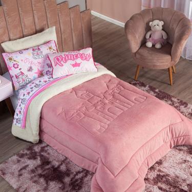 Imagem de Kit Coberdrom Cobertor Solteiro Princesa Rosê Dupla Face Com Almofada Estampada 03 Peças - Tecido Mantinha E Sherpa