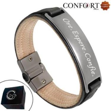 Imagem de Pulseira de Couro Preto e Bege Espere Confie Bracelete Dourado Grafite-Unissex