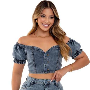 Imagem de Cropped Jeans Feminino Marmorizado Manga Princesa com Elastano Design 