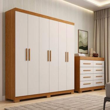 Imagem de Conjunto Quarto Casal Guarda-roupa 6 Portas Cômoda 8 Gavetas Papoulas Espresso Móveis Cinamomo / Off White