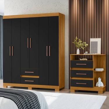 Imagem de Guarda-roupa 6 Portas e 2 Gavetas Cômoda 3 Gavetas com Nicho Saint Carvalho Americano/Preto TX