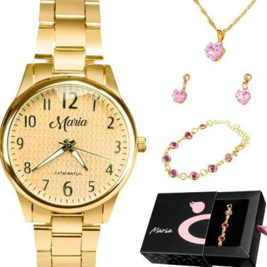 Imagem de relogio feminino dourado aço + colar coração + pulseira ouro presente 