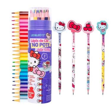 Imagem de Kit Lápis de cor 24 No Pote 4 Lápis Borracha Hb Hello Gato Escola - Le