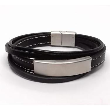 Imagem de Bracelete Rosso Couro Preto com Placa de Aço e Feixo - Rosso Design