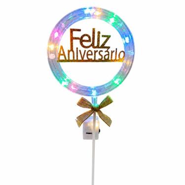 Imagem de Topo de Bolo Feliz Aniversário com LED Redondo Laço Papel Cartão 18CM Transparente Extra Festas