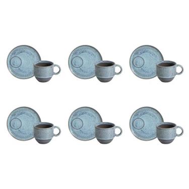 Imagem de Conjunto de Xícaras e Pires Breeze para Chá Stoneware Resistente e Durável Lavável em Lava Louças Azul Porto Brasil