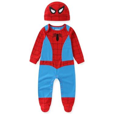 Imagem de Marvel Conjunto de macacão e chapéu de manga comprida do Homem-Aranha para recém-nascidos e bebês – Azul/Vermelho, Vermelho, 9 Meses