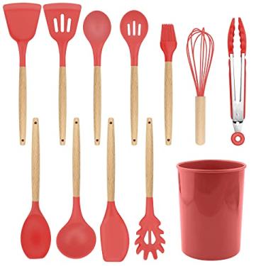Imagem de Utensílios Cozinha 12 Peças Kit Silicone Cabo de Madeira Antiaderente Colher Copo Suporte Vermelho