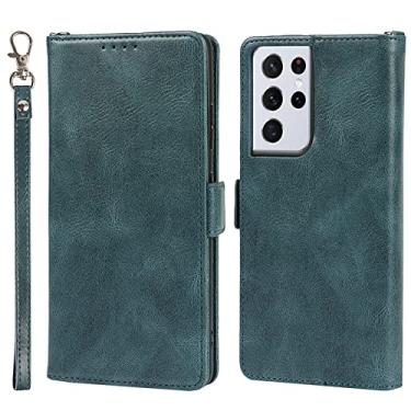 Imagem de Capa carteira para Samsung Galaxy S21/S21 Plus/S21 Ultra, bloqueio de RFID, capa de couro de poliuretano com alça de pulso e compartimentos para cartões, suporte magnético flip protetora, azul, S21 Ultra 6,8 polegadas