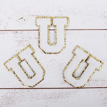 Imagem de Pacote com 3 adesivos universitários Chenille Iron On Glitter com 5 cm de altura - Tecido de chenille branco com acabamento em glitter dourado - Costurar ou passar a ferro - 5 cm WHT U