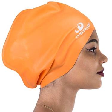 Imagem de Dsane Touca de natação extra grande para mulheres e homens, touca de natação com design especial para cabelos encaracolados muito longos e grossos e tranças de dreadlocks, silicone afros mantém seu cabelo seco (laranja/GG)