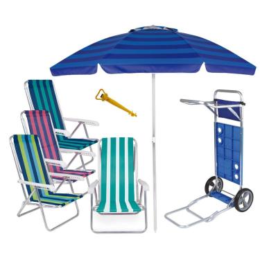 Imagem de Kit Praia Carrinho Com Avanço + 4 Cadeira Reclinável Alumínio 8 Posições + Guarda Sol 2m + Saca Areia - Mor