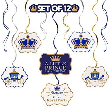 Imagem de LINGTEER A Little Prince Royal Crown Blue Swirls Streamers – 12 peças Prince Baby Boy Placa de presente para decoração de festa de chá de aniversário.