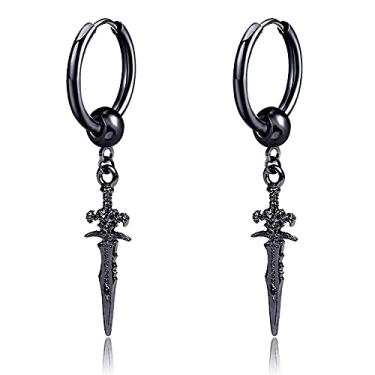 Imagem de Brincos de argola pequenos pendentes de espada preta para mulheres meninas homens aço inoxidável gravação animal cruz adaga encantos pendurados argola punho cartilagem envoltório hipoalergênico vintage punk oração jóias, Metal, Não conhecido