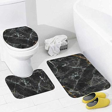 Imagem de Conjunto de 3 peças de tapetes de banheiro com estampa abstrata de mármore preto, tapete de banheiro de espuma viscoelástica, lavável, antiderrapante, tapete de contorno e tampa para banheiro