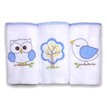 Imagem de Kit 3 Fraldas De Pano para Bebê Bordada Floresta Azul (Coruja, Passarinho e Árvore)