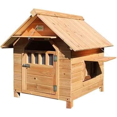 Imagem de Casa De Cachorro Ao Ar Livre Interior Canil De Madeira Para Cães Suprimentos Para Animais De Estimação Casa Com Portas E Janelas Duplas Fácil De Limpar,Marrom,99x92x95cm,YUYANAIAI