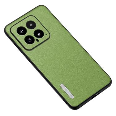 Imagem de HAZARA Capa fina para Xiaomi 14/14 Pro, capa traseira protetora de couro à prova de choque com padrão de lichia antiderrapante TPU fina, verde, 14