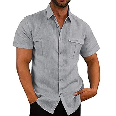 Imagem de Camisas de manga curta para homens verão outono gola alta linho férias básico blusas masculinas 2024 moda Y2K, S-040 cinza, G