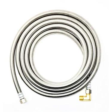 Imagem de Tubarão industrial de aço inoxidável premium para máquina de lavar louça mangueira – 3 metros sem chumbo à prova de ruptura linha de fornecimento de água 3/8" comp x 3/8" comp com cotovelo MIP anexado 90 graus 3/8" comp x 3/8" – 10 anos de garantia