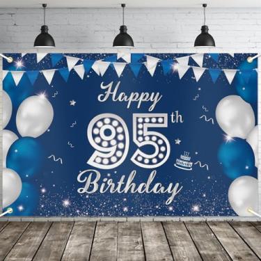 Imagem de JOYKY Banner de feliz aniversário de 95 anos, decoração de fundo azul prata feliz 95º aniversário para homens, suprimentos de aniversário de 95 anos, decoração de pano de fundo, 15 x 9 metros